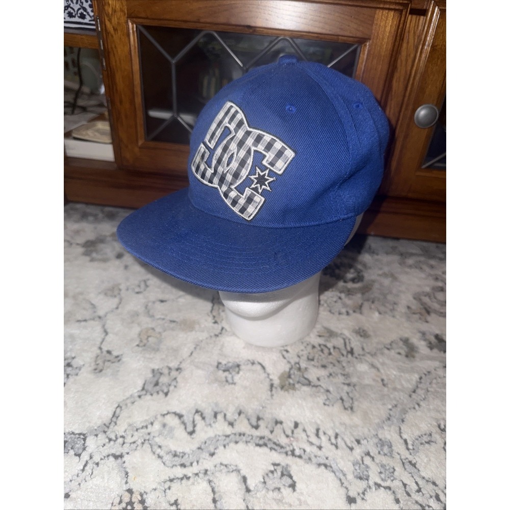 Men's Y2k DC Shoes 210 Fitted Big Logo Blue Hat Size 7 3/4 Skater Grunge 2000s